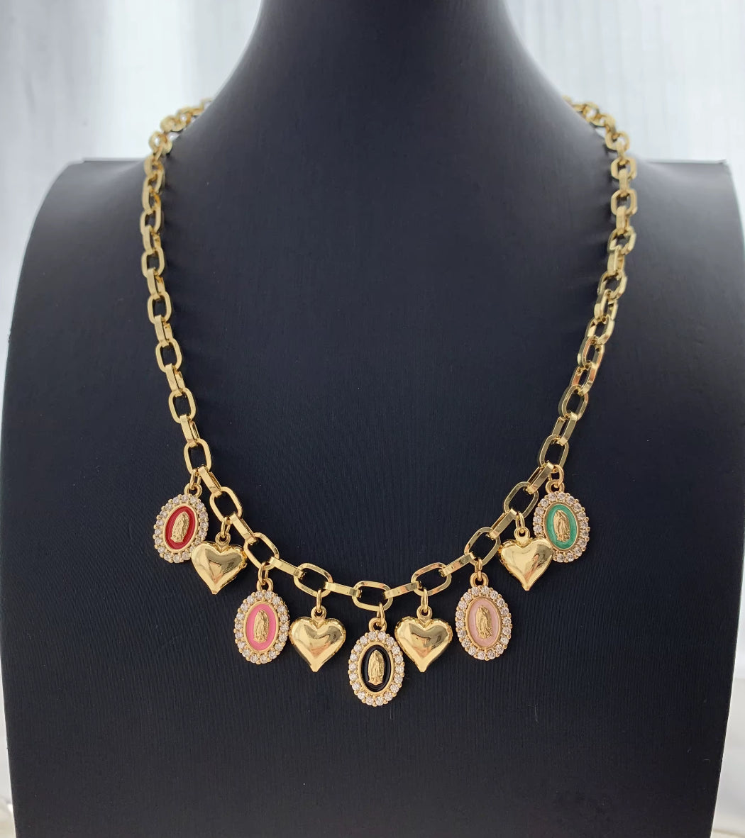 Heart & Blessed Mother Charm Necklace